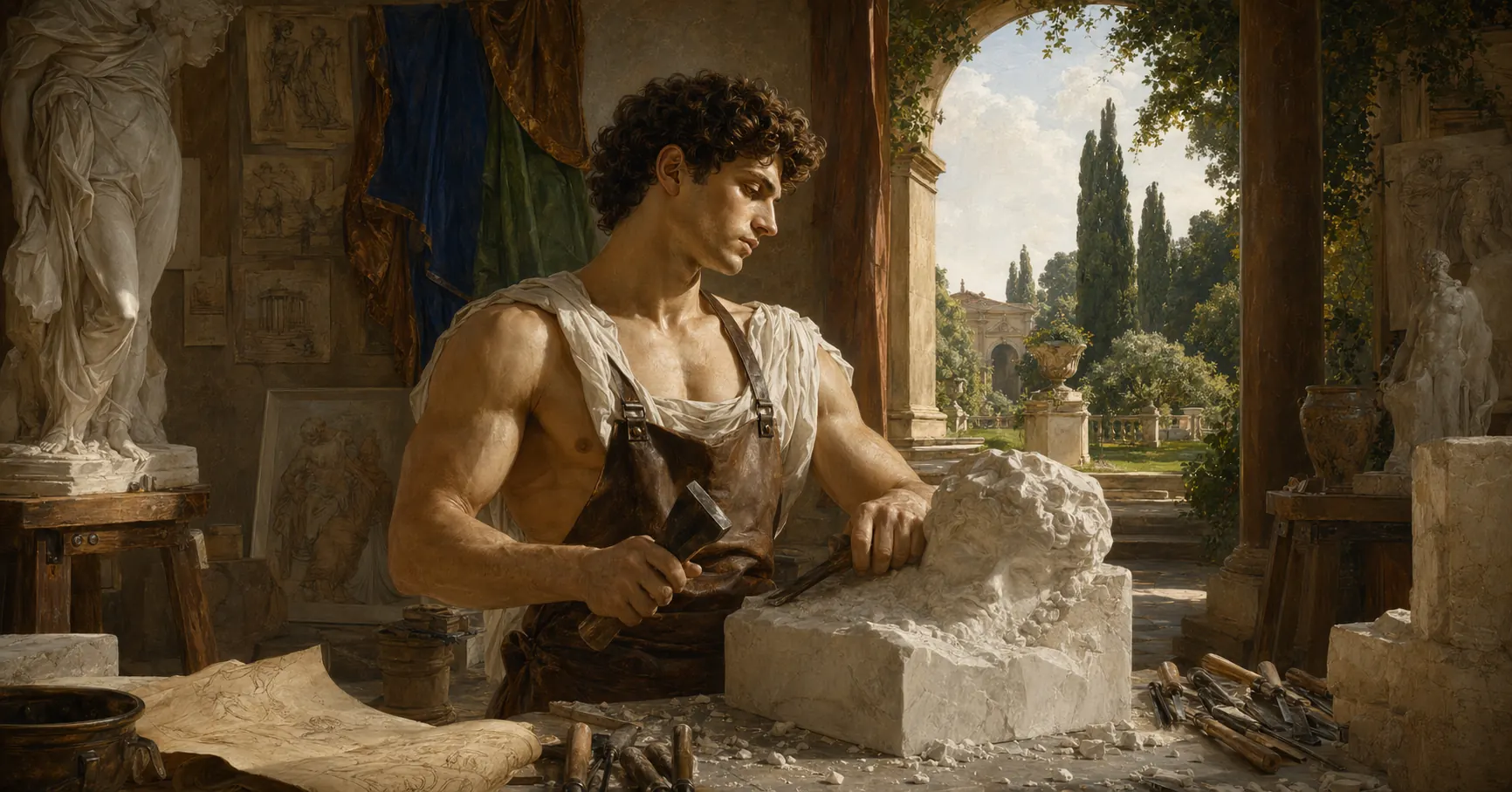 大卫式创作者在文艺复兴工坊中雕刻作品