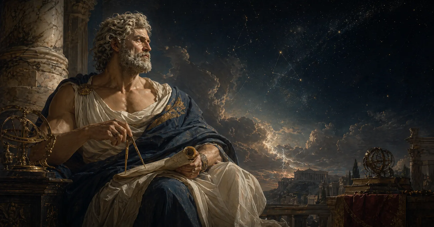 宙斯式智者在星空与古典仪器前思考