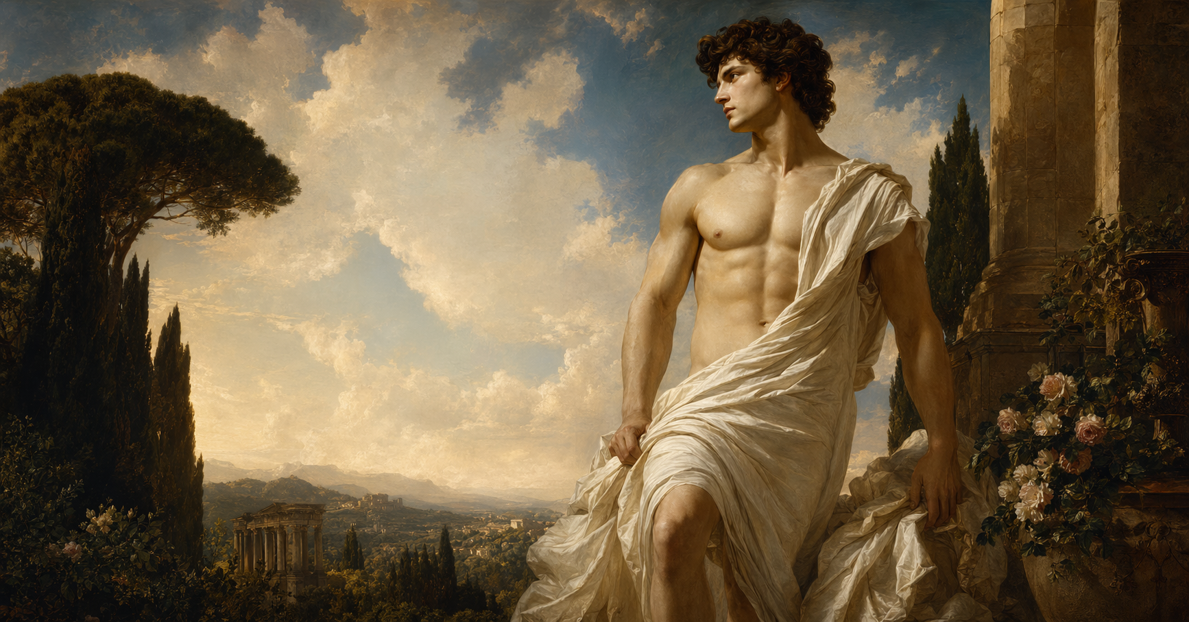 文艺复兴风格的大卫式人物站在花园与古典建筑前