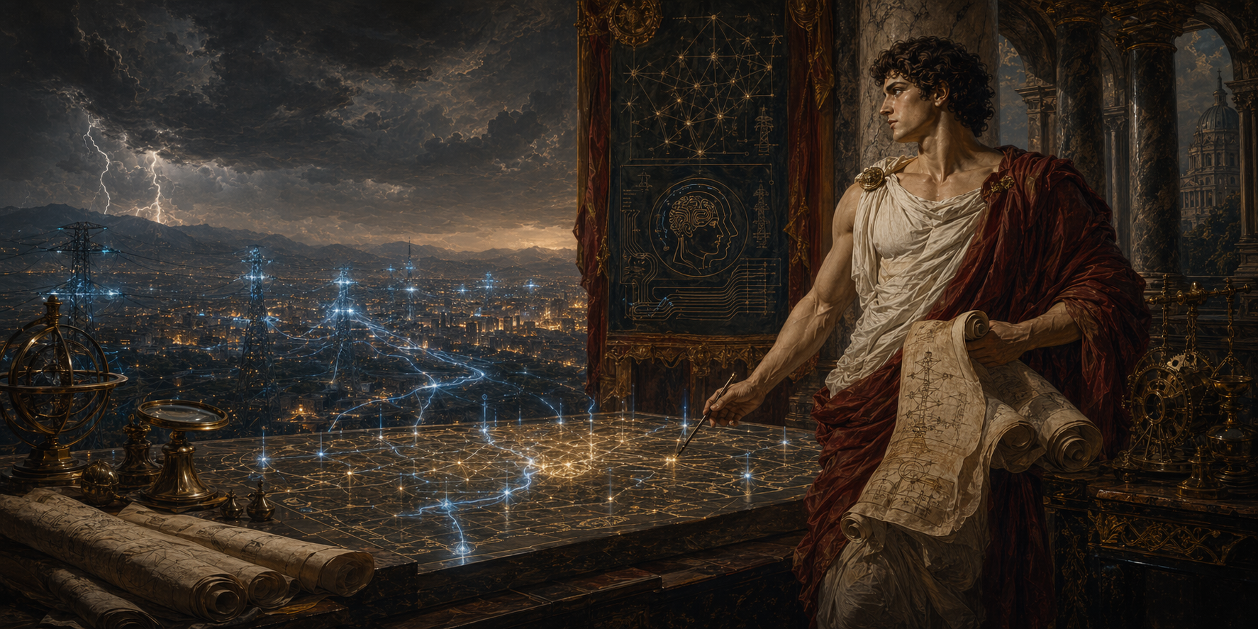 文艺复兴风格的上海电网智慧大模型系统项目背景图