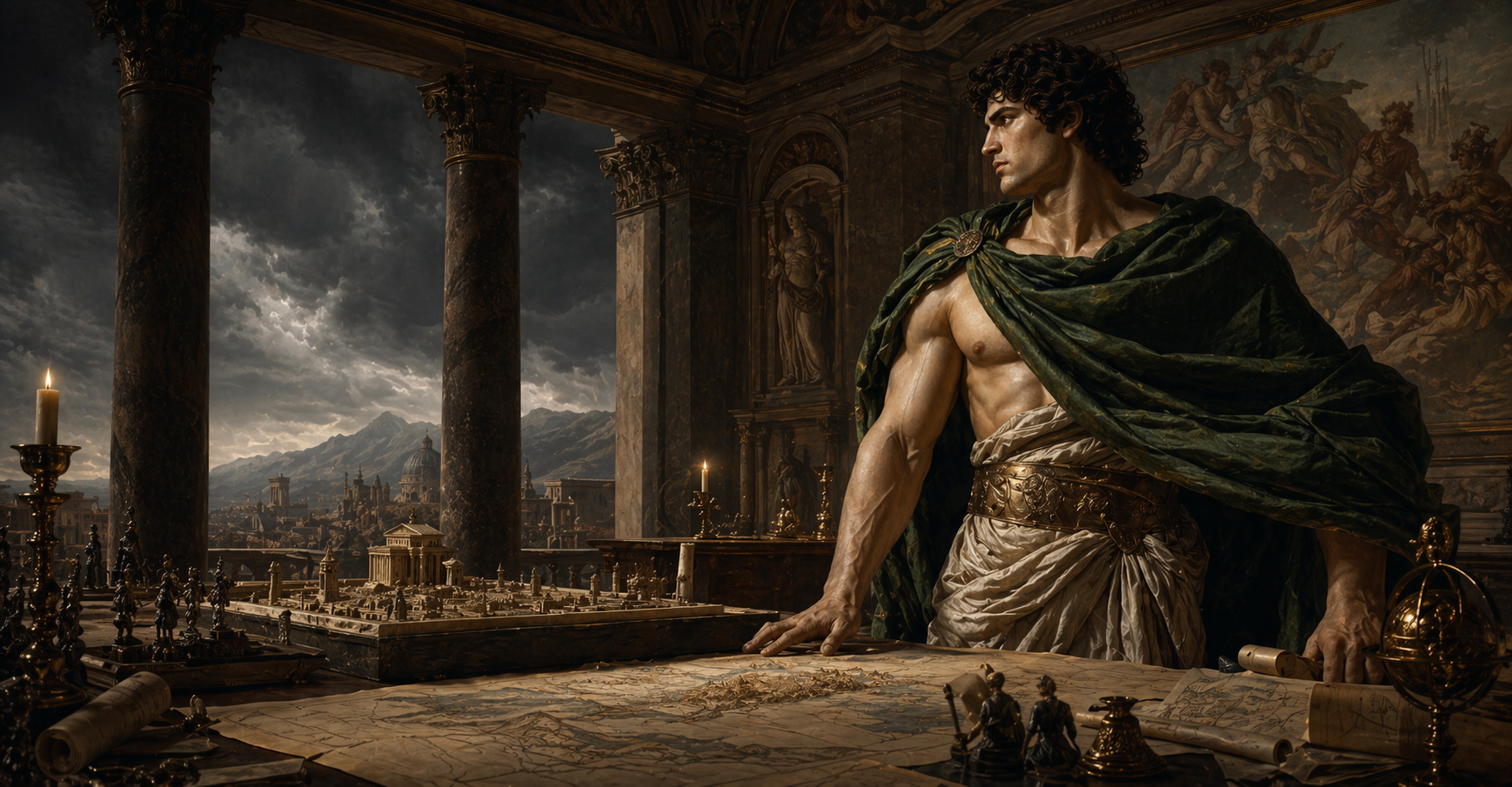 赫拉克勒斯式战略家站在地图和建筑模型前